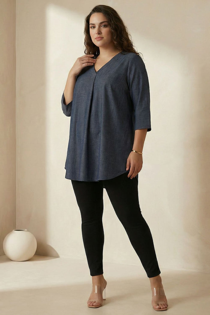 Plus Size Denim Cotton V-Neck Top
