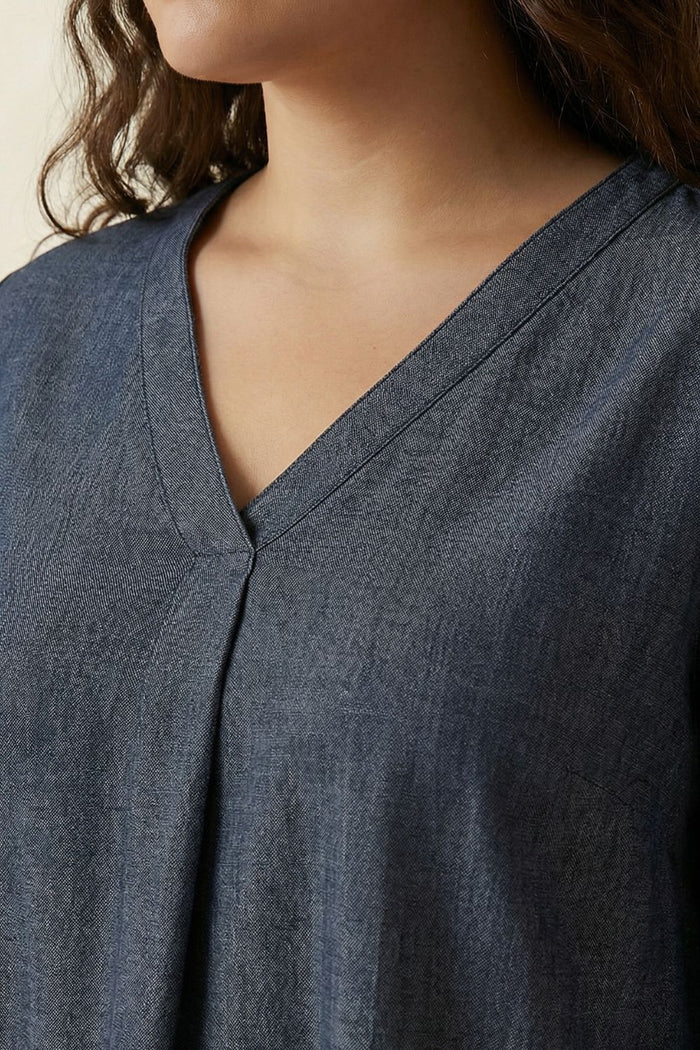 Plus Size Denim Cotton V-Neck Top