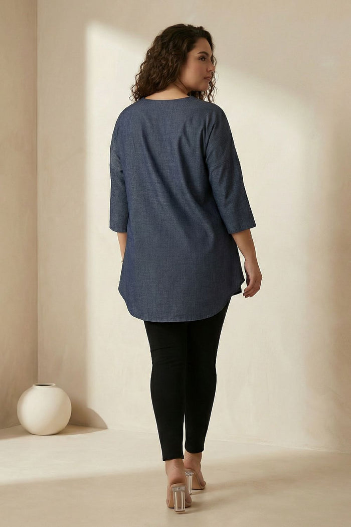 Plus Size Denim Cotton V-Neck Top