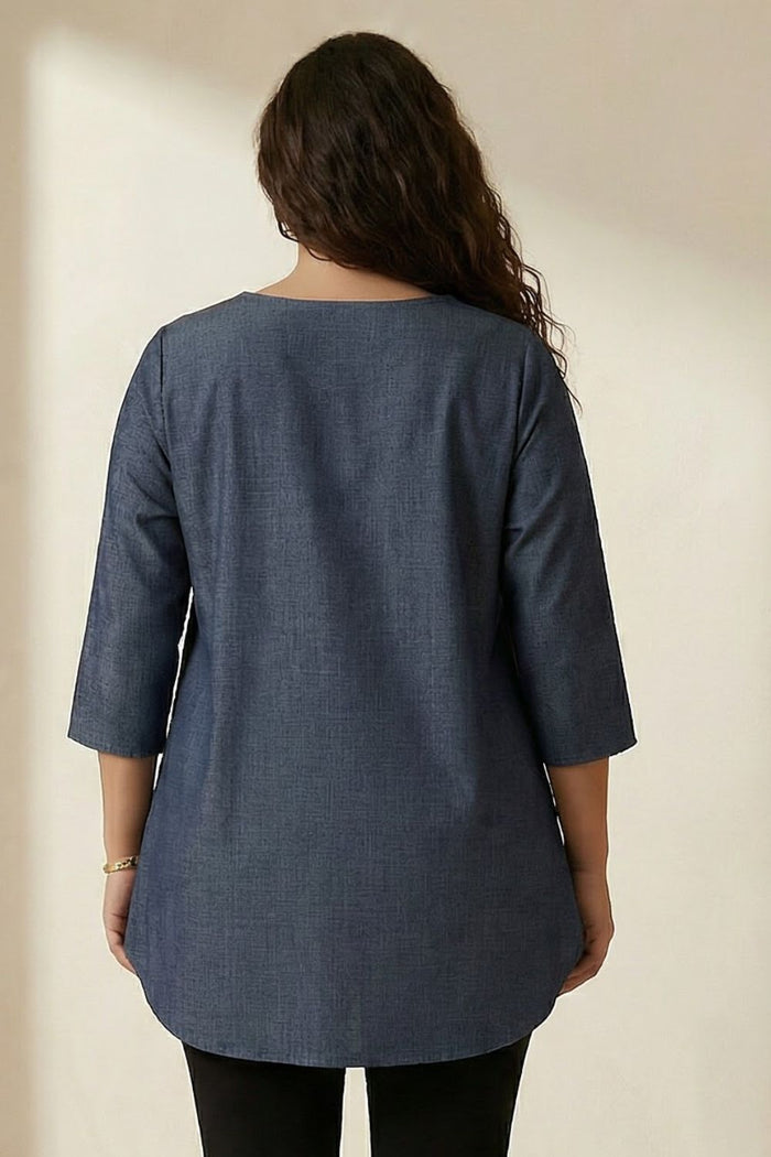 Plus Size Denim Cotton V-Neck Top