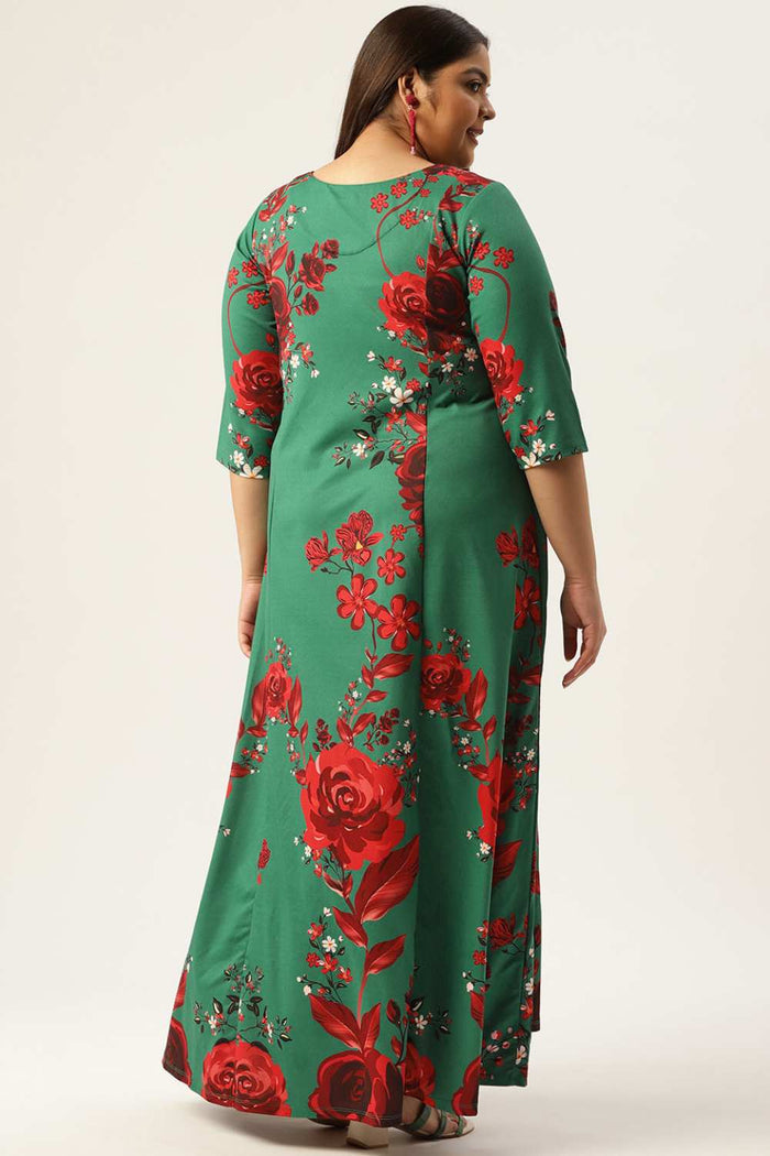 Plus Size Ditsy Green Red Floral Dress