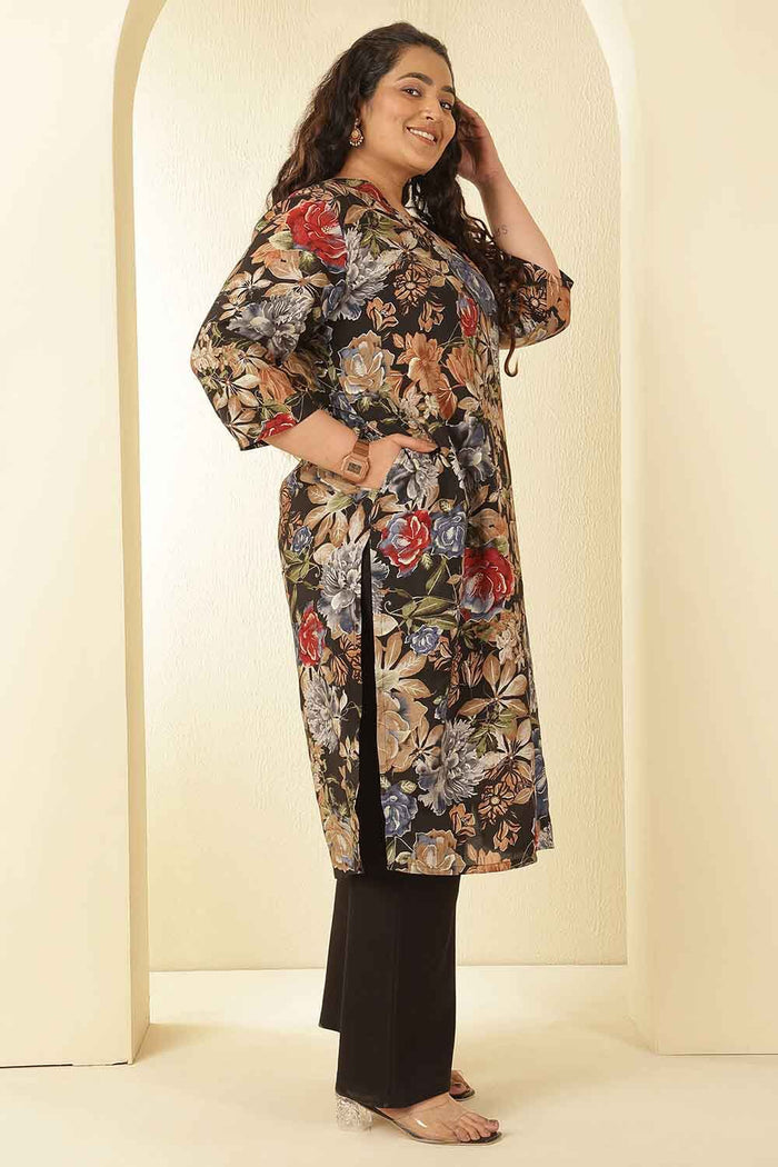 Plus Size Elegant Black Floral Print V-Neck Rayon Muslin Kurta