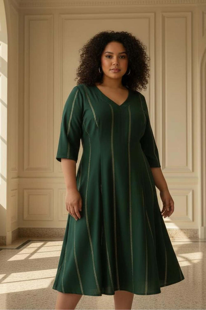 Plus Size Emerald  Green Golden Pin Stripe Midi Dress