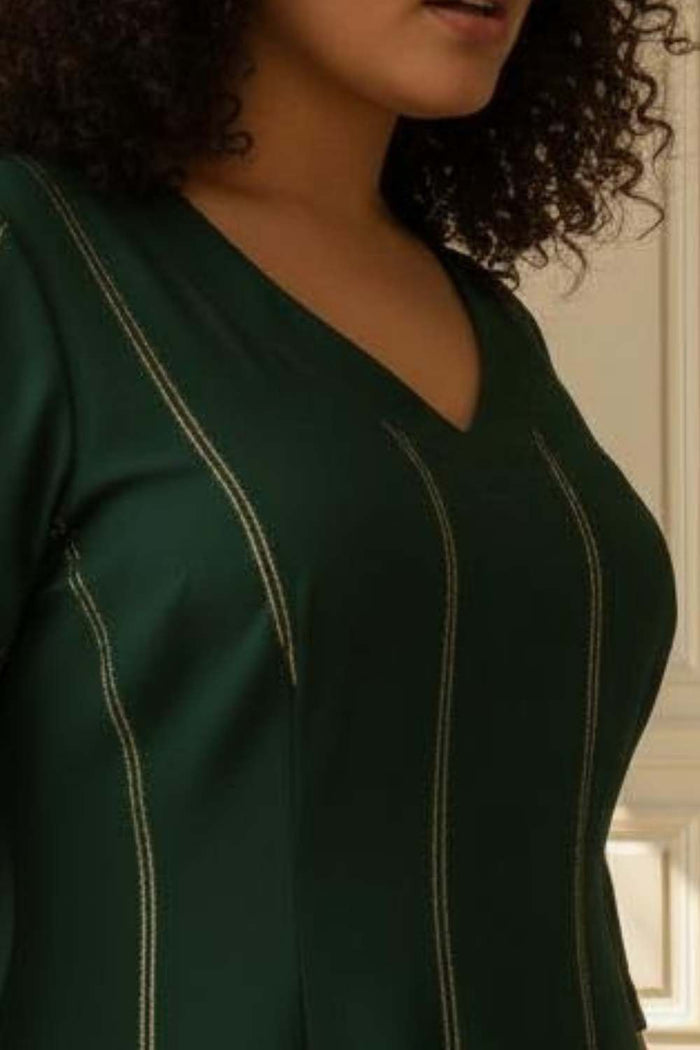 Plus Size Emerald  Green Golden Pin Stripe Midi Dress