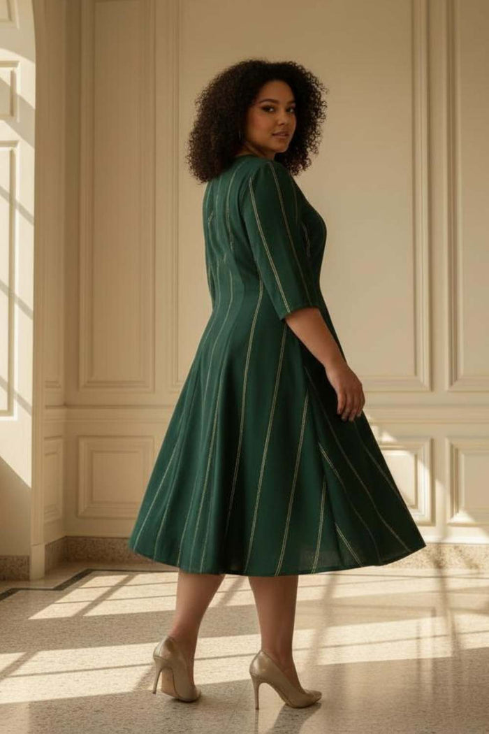 Plus Size Emerald  Green Golden Pin Stripe Midi Dress