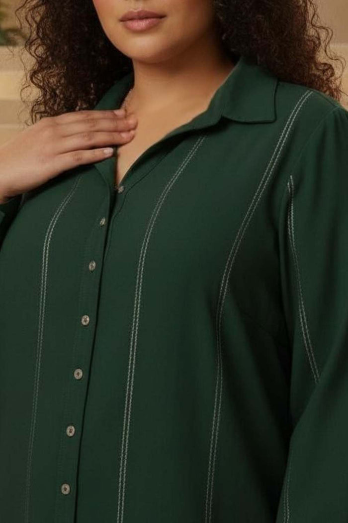 Plus Size Emerald Green Golden Pin Striped High Slit Longline Shirt