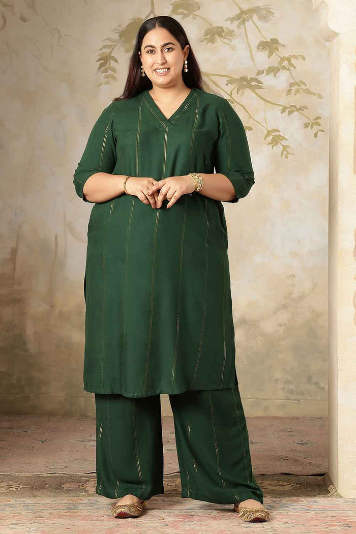 Plus Size Emerald Green Golden Pin Striped Kurta Coord Set