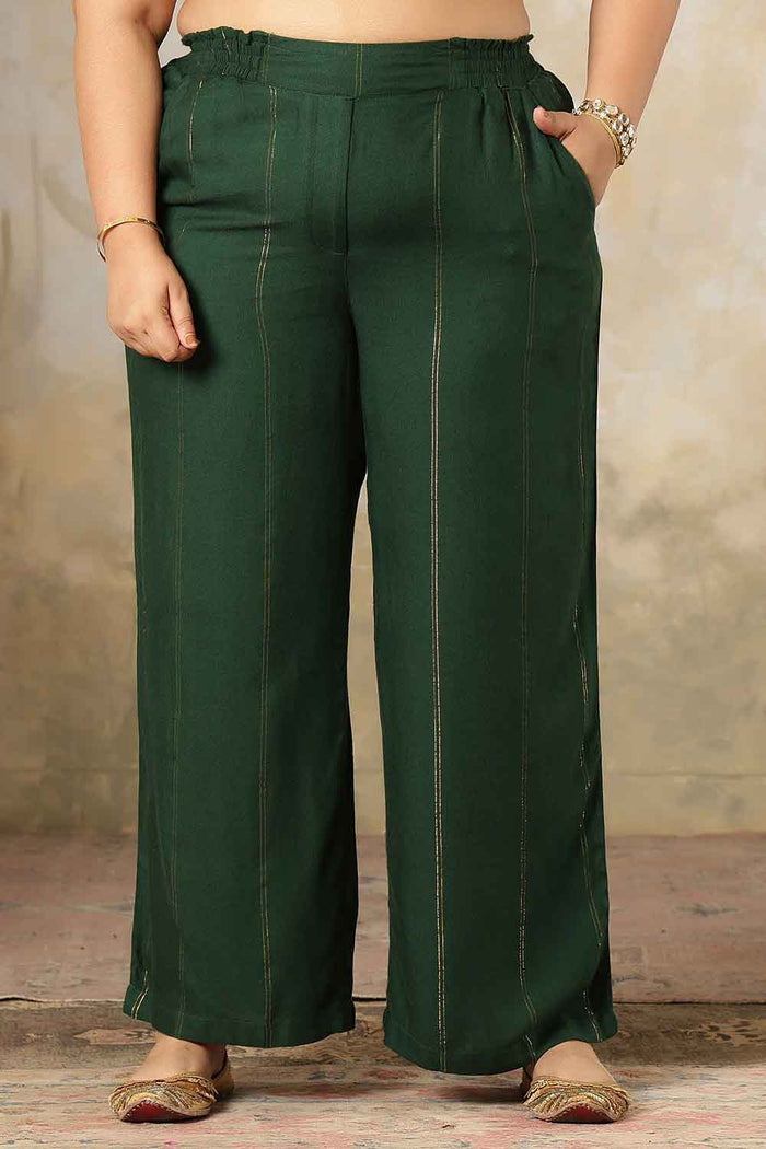 Plus Size Emerald Green Golden Pin Striped Kurta Coord Set