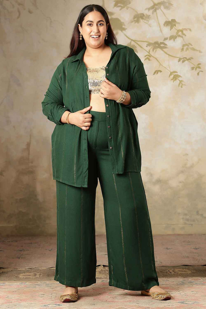 Plus Size Emerald Green Golden Pin Striped Shirt Coord Set