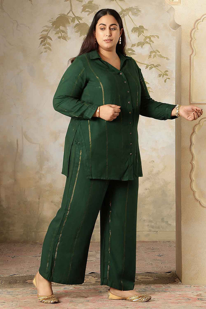 Plus Size Emerald Green Golden Pin Striped Shirt Coord Set
