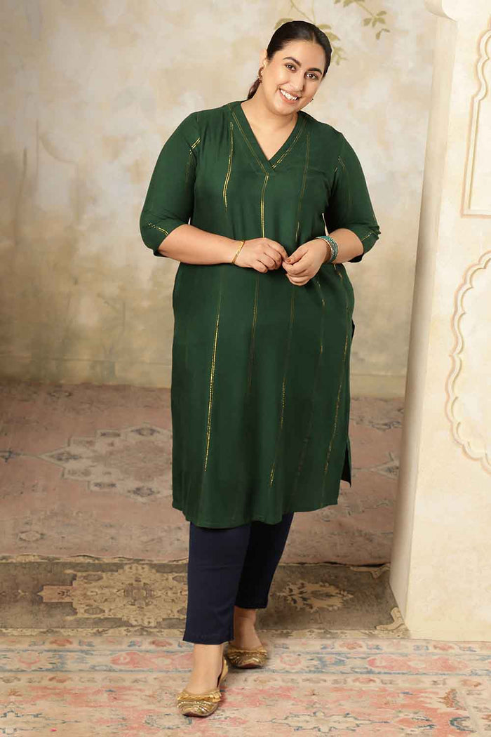 Plus Size Emerald Green Golden Pin Striped V Neck Kurta