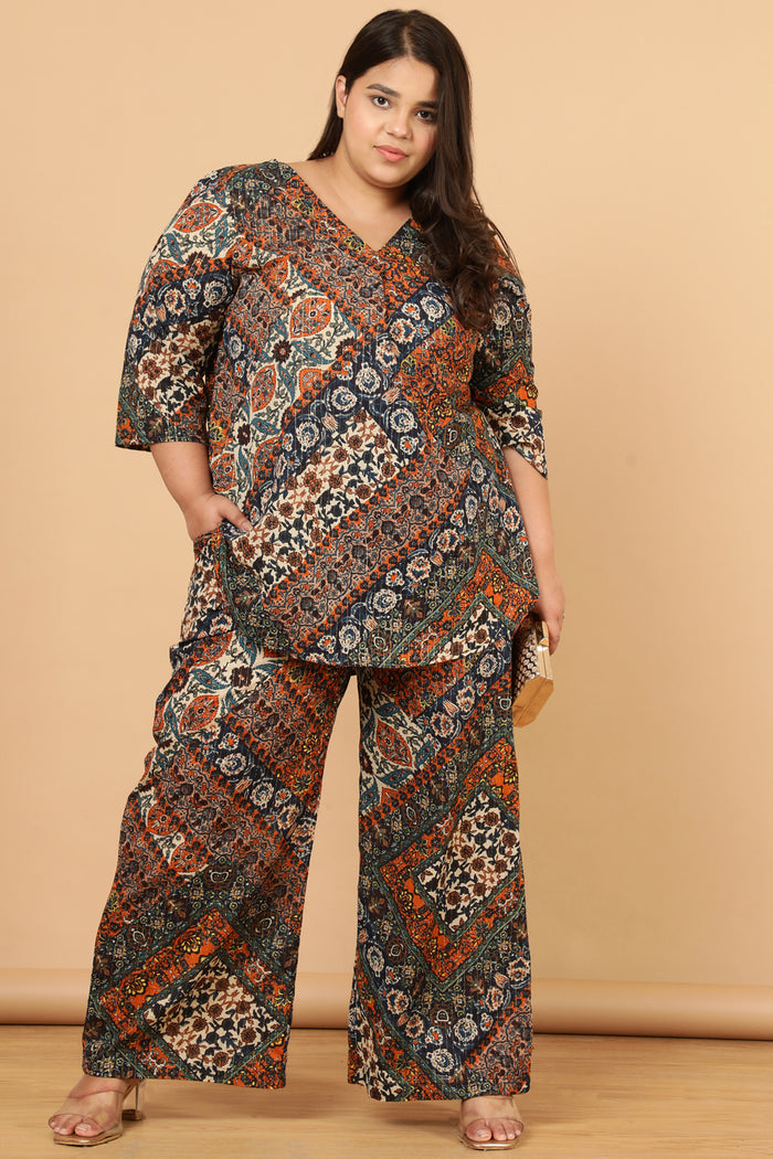 Plus Size Ethnic Print Cotton High Waist Pants