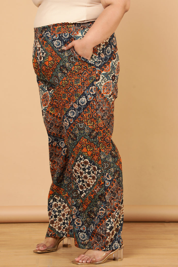 Plus Size Ethnic Print Cotton High Waist Pants