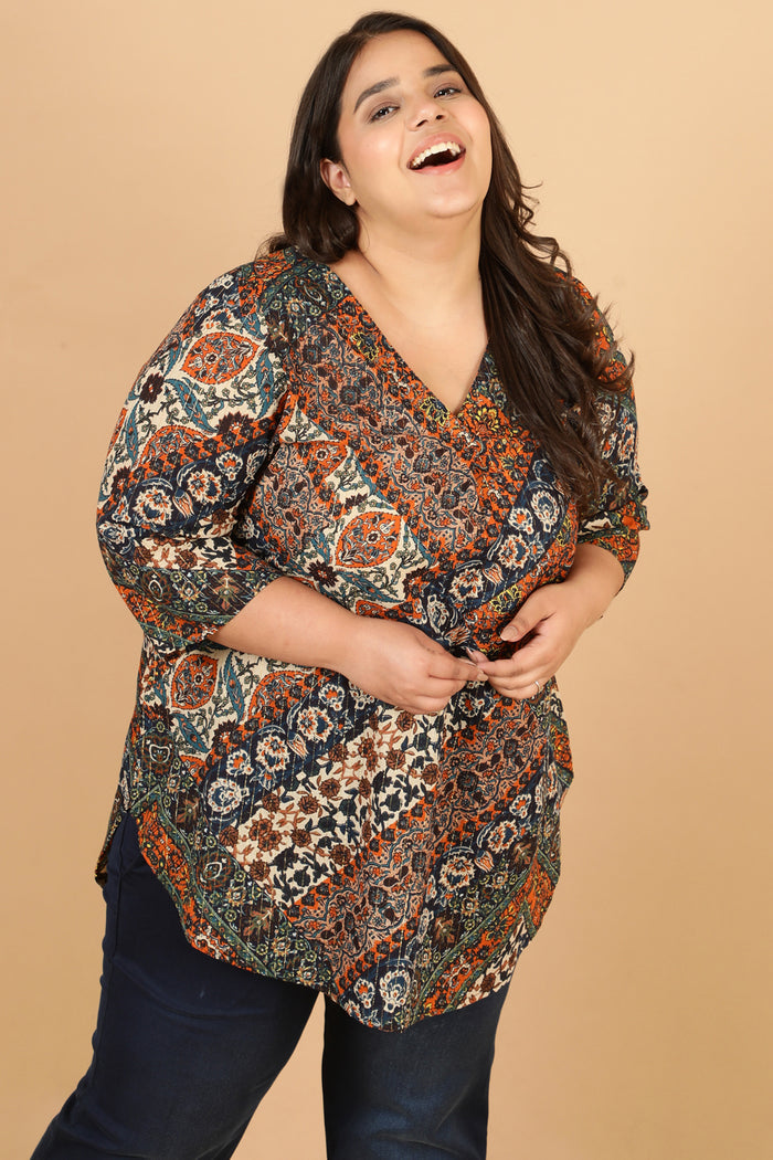 Plus Size Ethnic Print Cotton Top