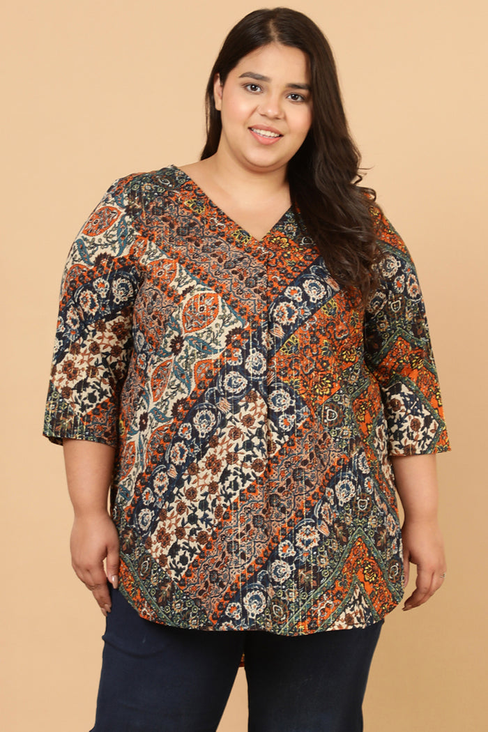 Plus Size Ethnic Print Cotton Top