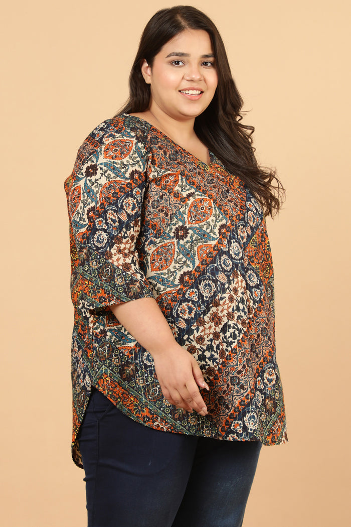 Plus Size Ethnic Print Cotton Top