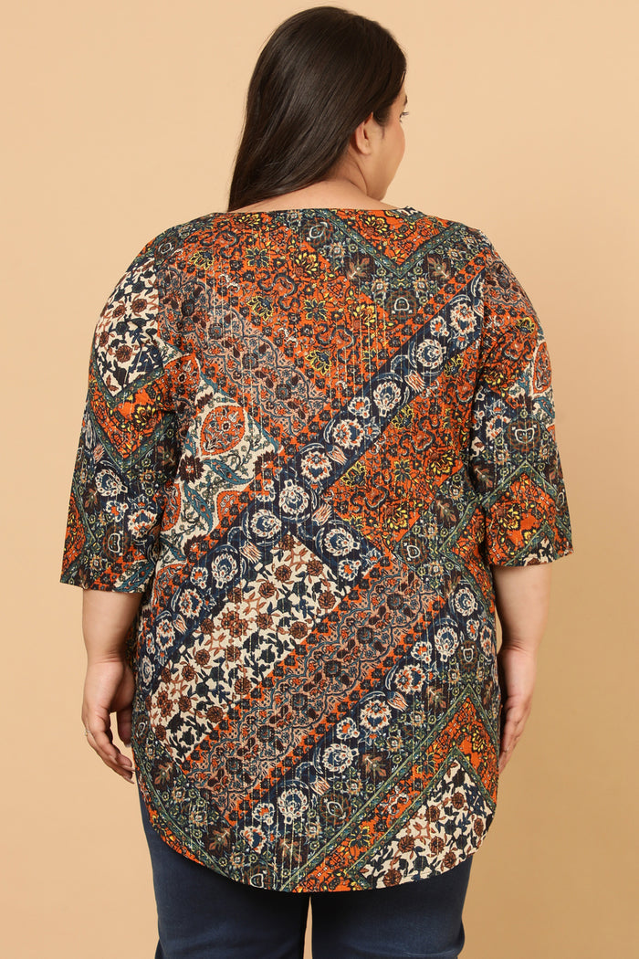 Plus Size Ethnic Print Cotton Top