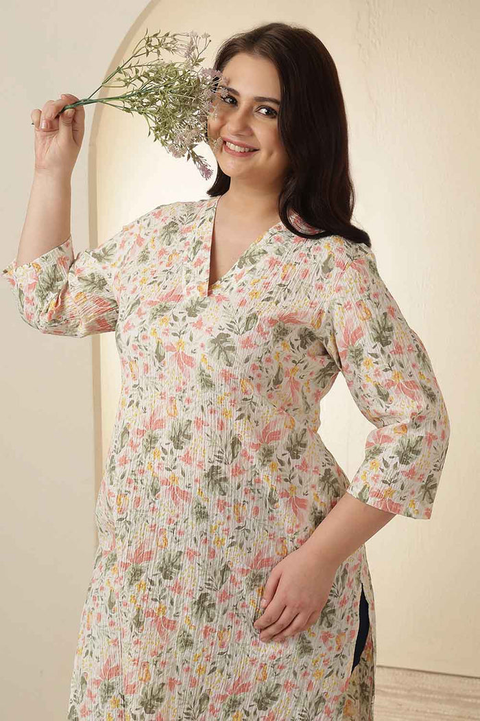 Plus Size Floral Print Cotton V Neck Kurta