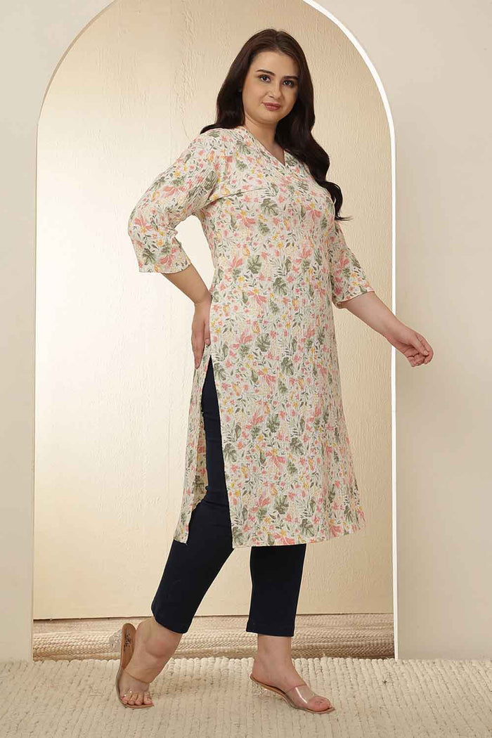 Plus Size Floral Print Cotton V Neck Kurta