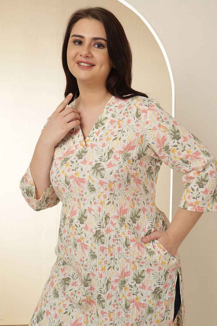 Plus Size Floral Print Cotton V Neck Kurta