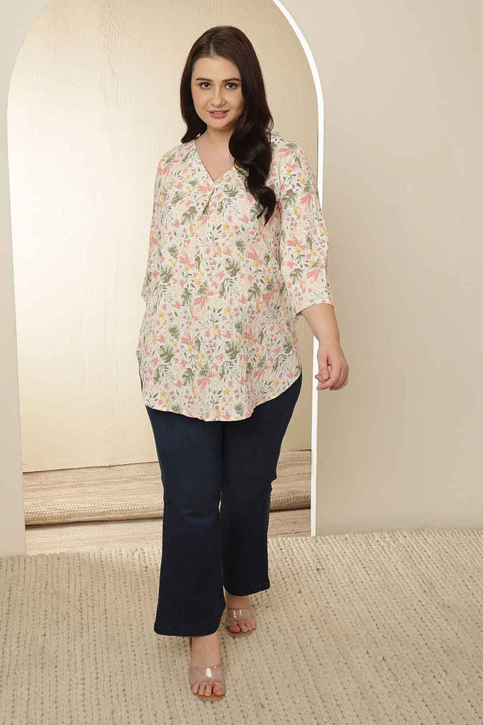 Plus Size Floral Print V Neck Cotton Top