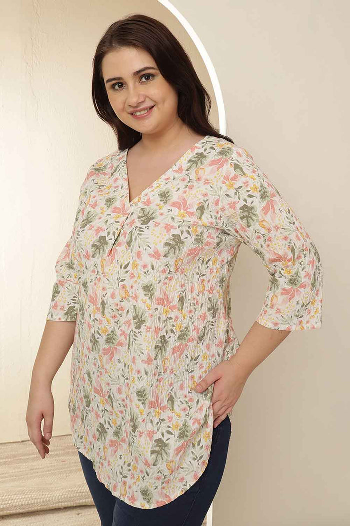 Plus Size Floral Print V Neck Cotton Top
