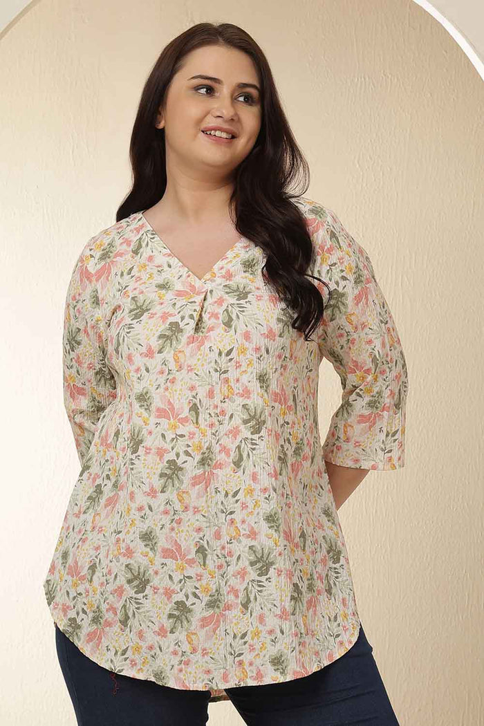 Plus Size Floral Print V Neck Cotton Top