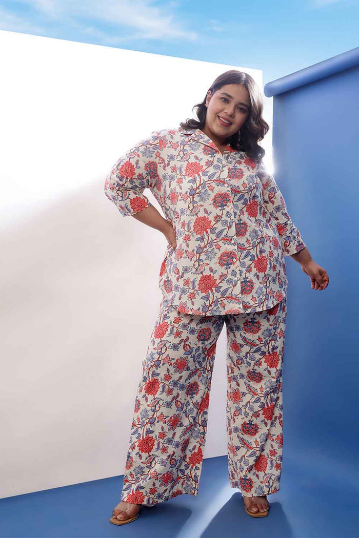 Plus Size Floral Printed Cotton Linen Shirt Coord Set