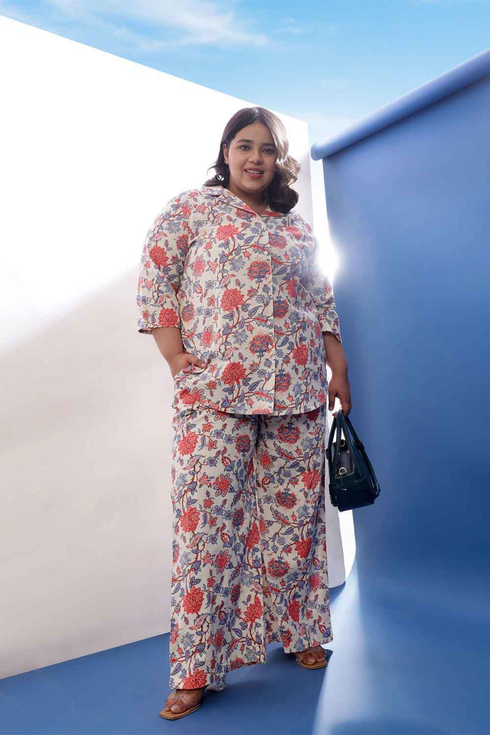 Plus Size Floral Printed Cotton Linen Shirt Coord Set