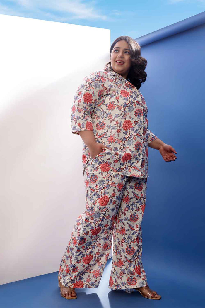 Plus Size Floral Printed Cotton Linen Shirt Coord Set