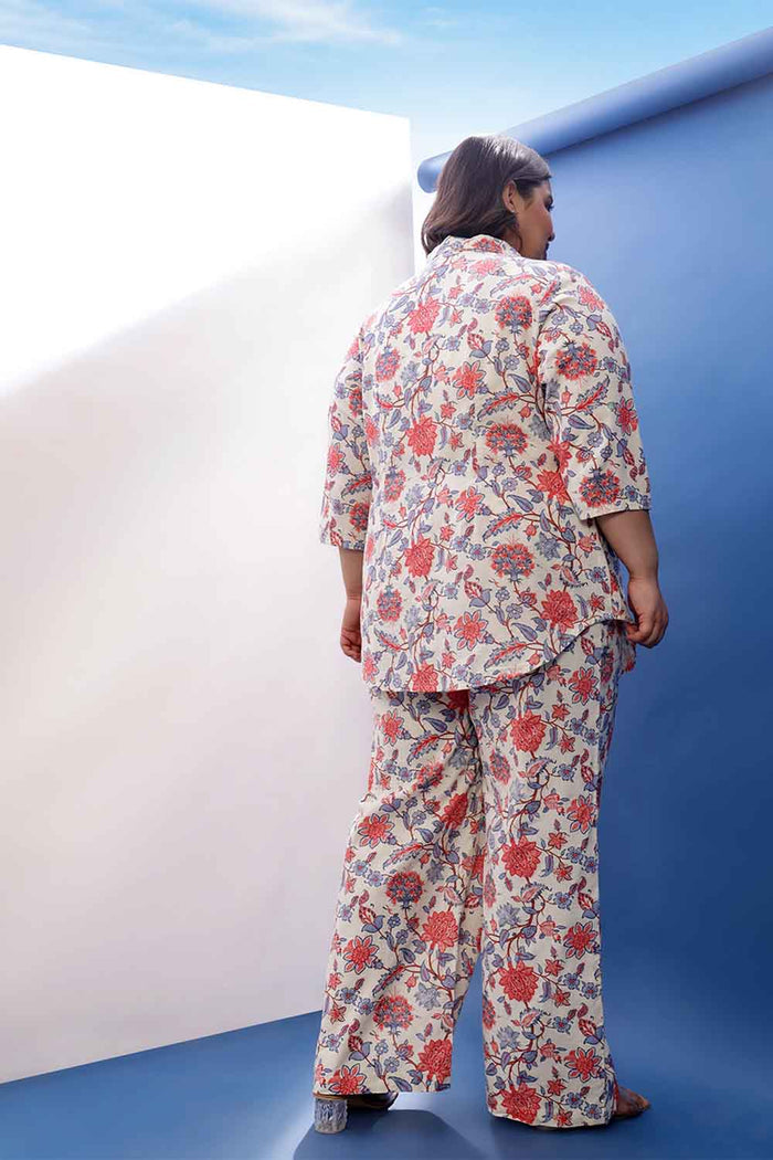 Plus Size Floral Printed Cotton Linen Shirt Coord Set