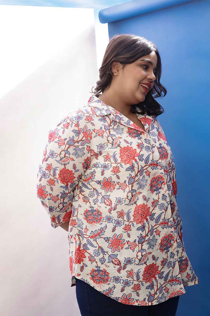 Plus Size Floral Printed Cuban Collar Cotton Linen Shirt