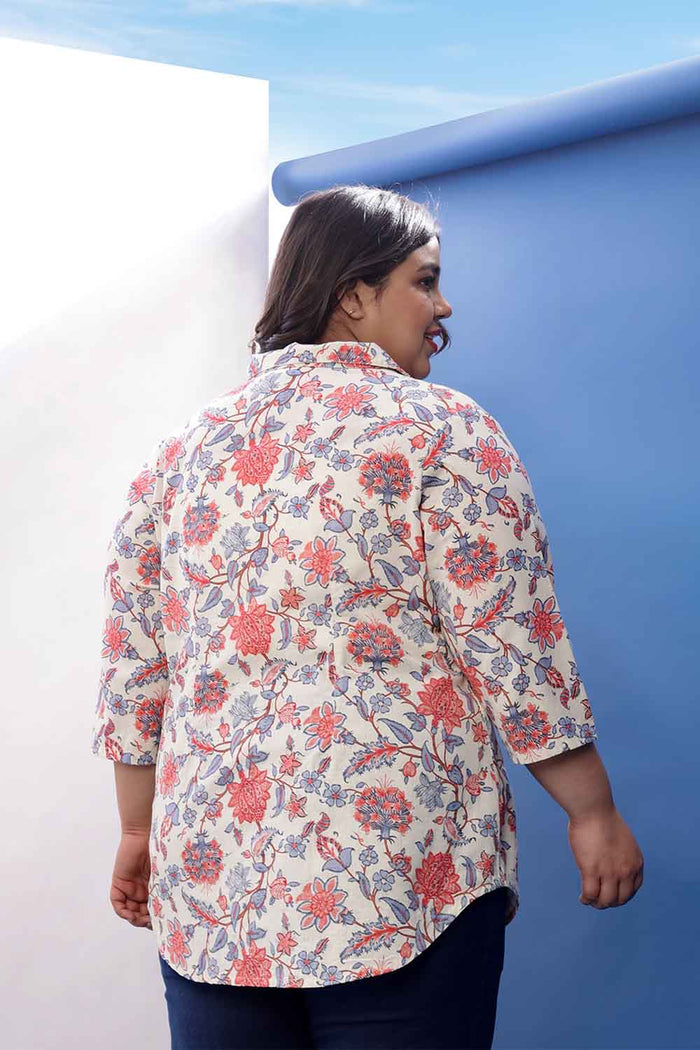Plus Size Floral Printed Cuban Collar Cotton Linen Shirt