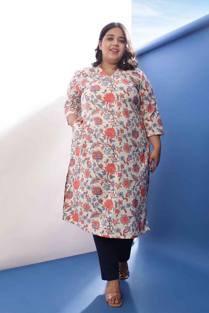 Plus Size Floral Printed V Neck Cotton Linen Kurta