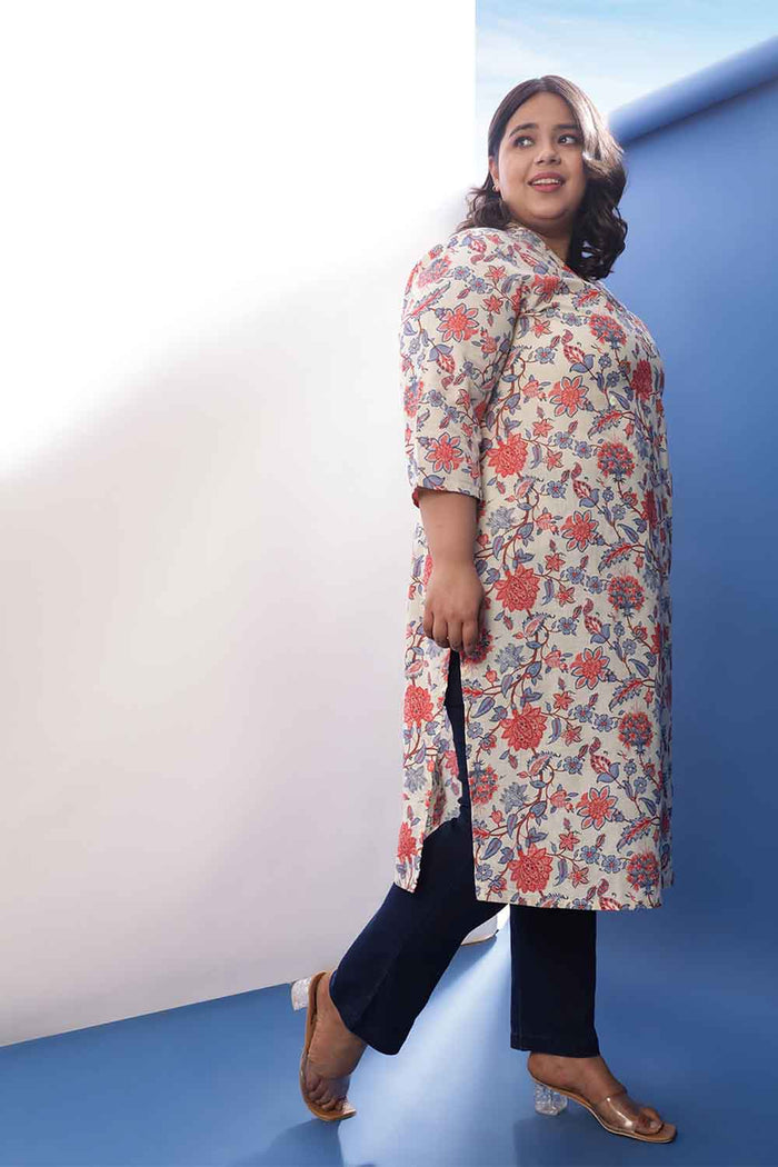 Plus Size Floral Printed V Neck Cotton Linen Kurta