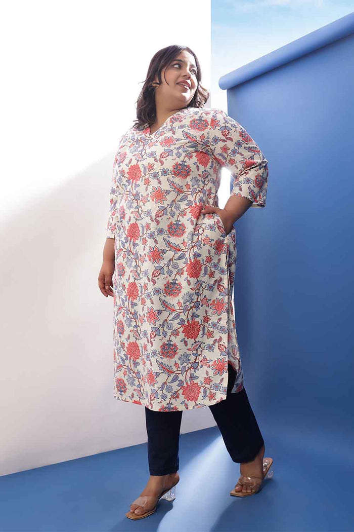 Plus Size Floral Printed V Neck Cotton Linen Kurta