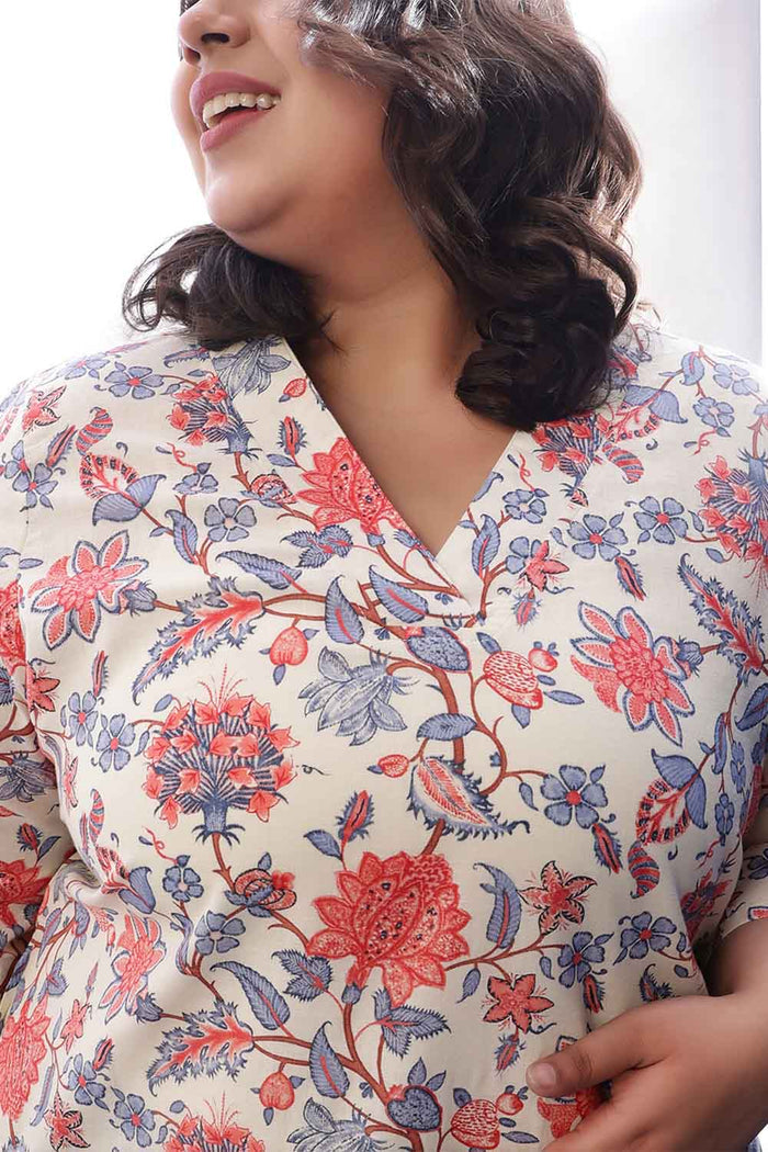 Plus Size Floral Printed V Neck Cotton Linen Kurta