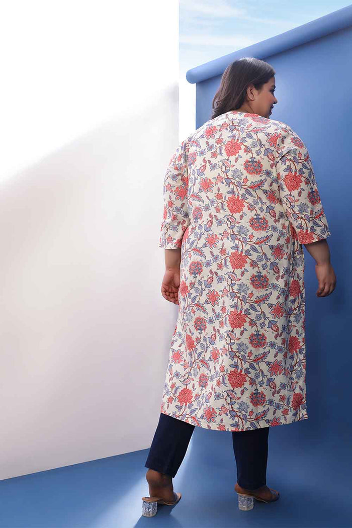 Plus Size Floral Printed V Neck Cotton Linen Kurta