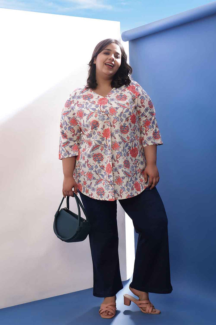 Plus Size Floral Printed V Neck Cotton Linen Top