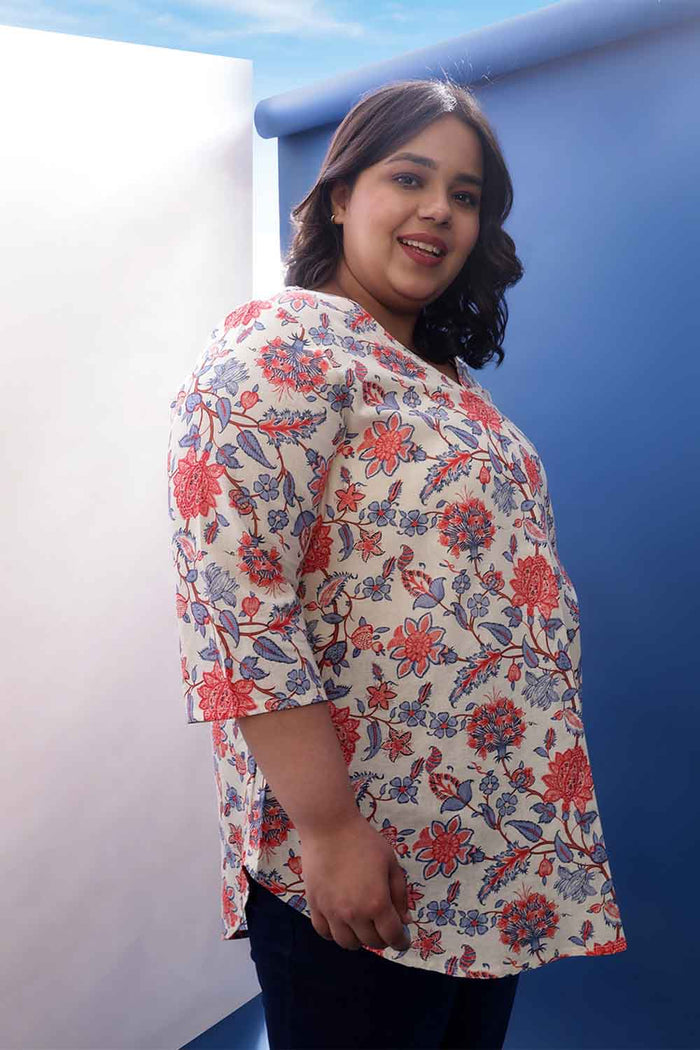 Plus Size Floral Printed V Neck Cotton Linen Top