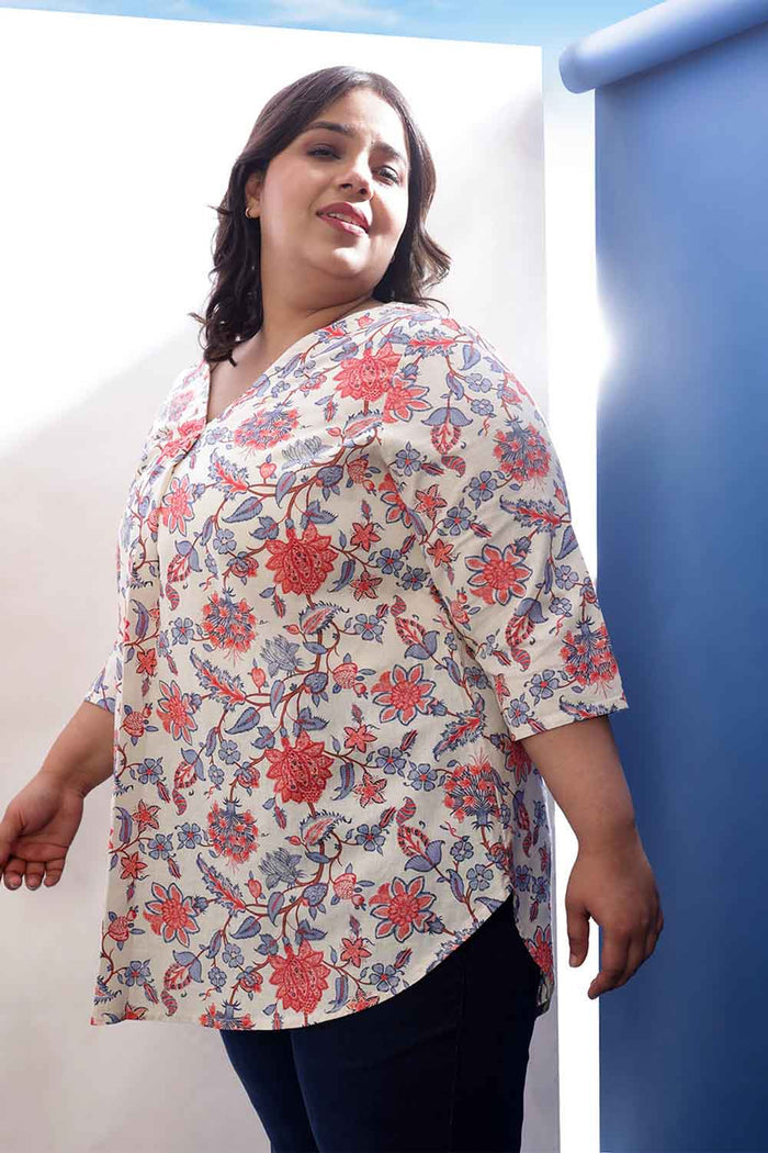 Plus Size Floral Printed V Neck Cotton Linen Top