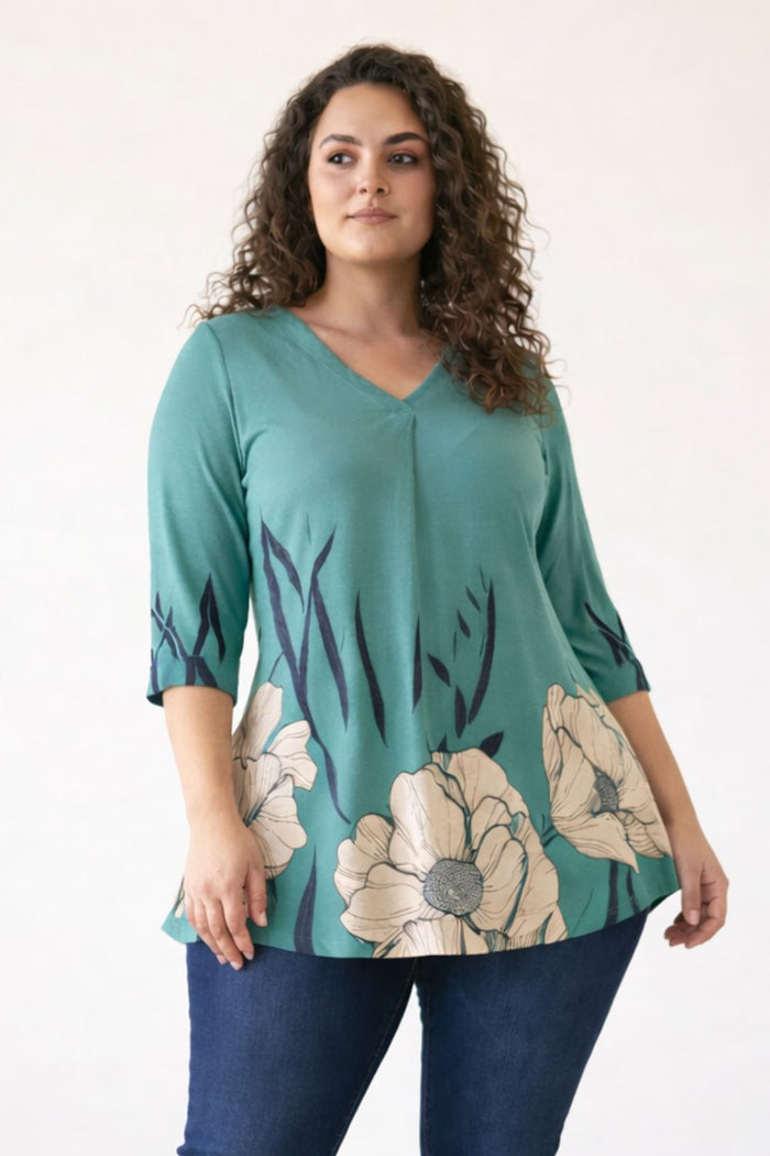 Plus Size Green Beige Print Centre Pleat Top