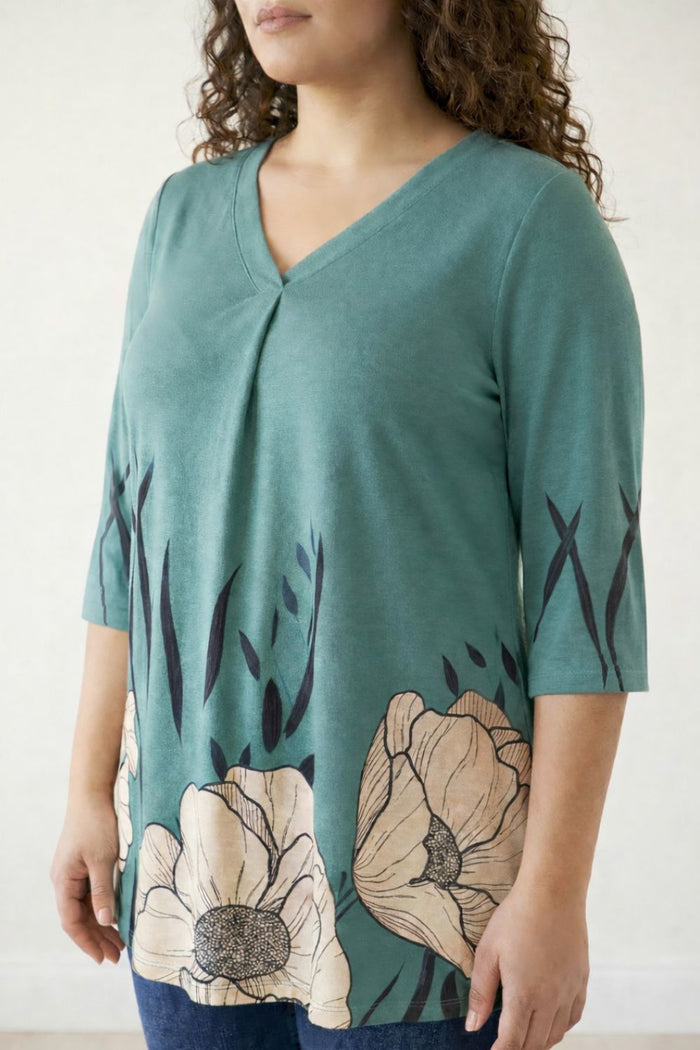 Plus Size Green Beige Print Centre Pleat Top