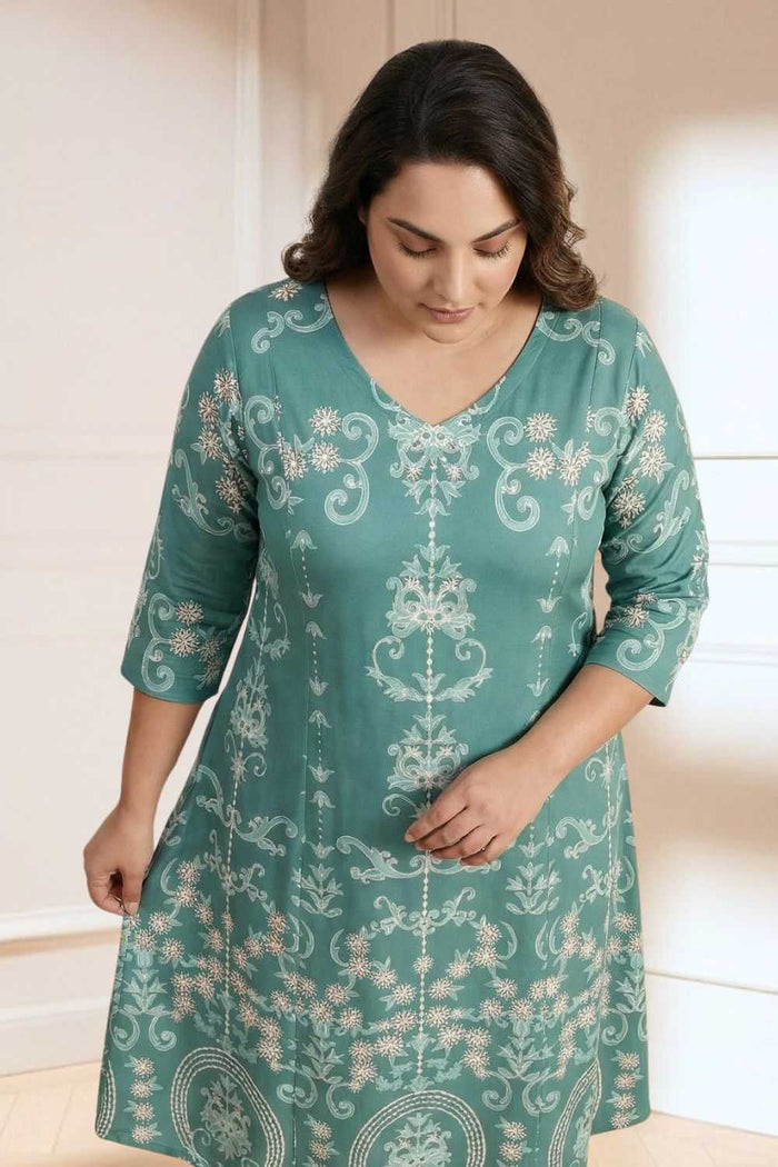 Plus Size Green Ethnic Print A line Dress