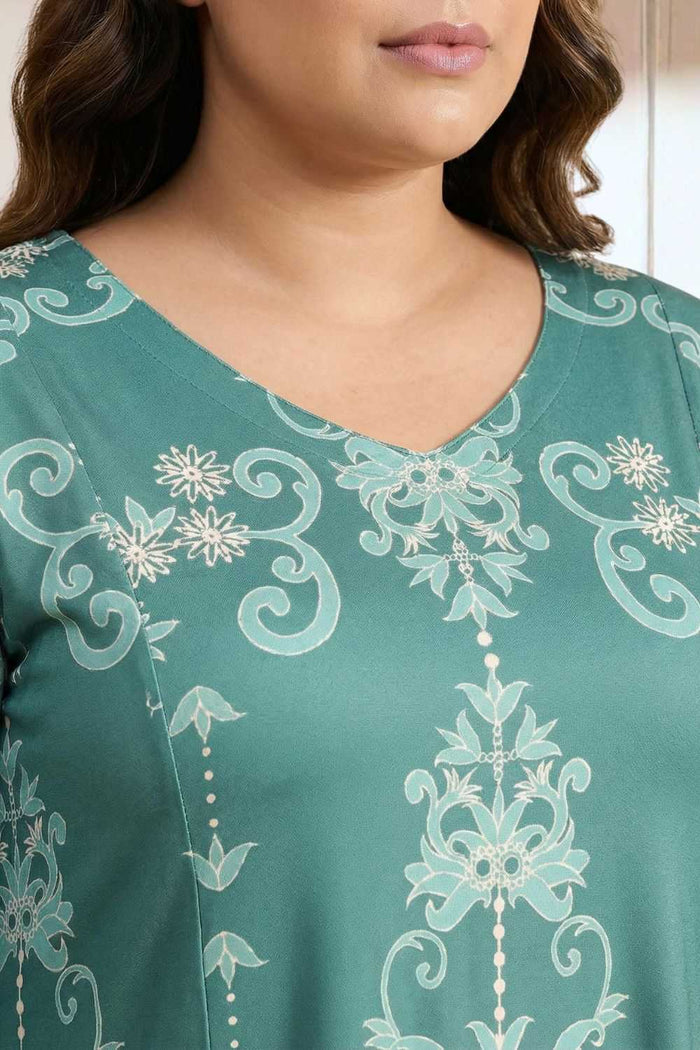 Plus Size Green Ethnic Print A line Dress
