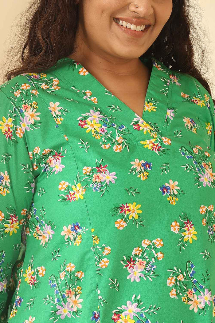 Plus Size Green Floral Print Cotton Midi Dress