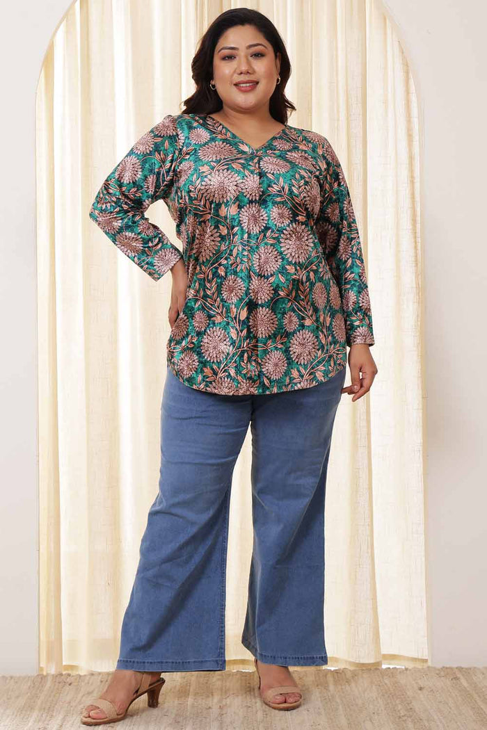 Plus Size Green Floral Velvet Top