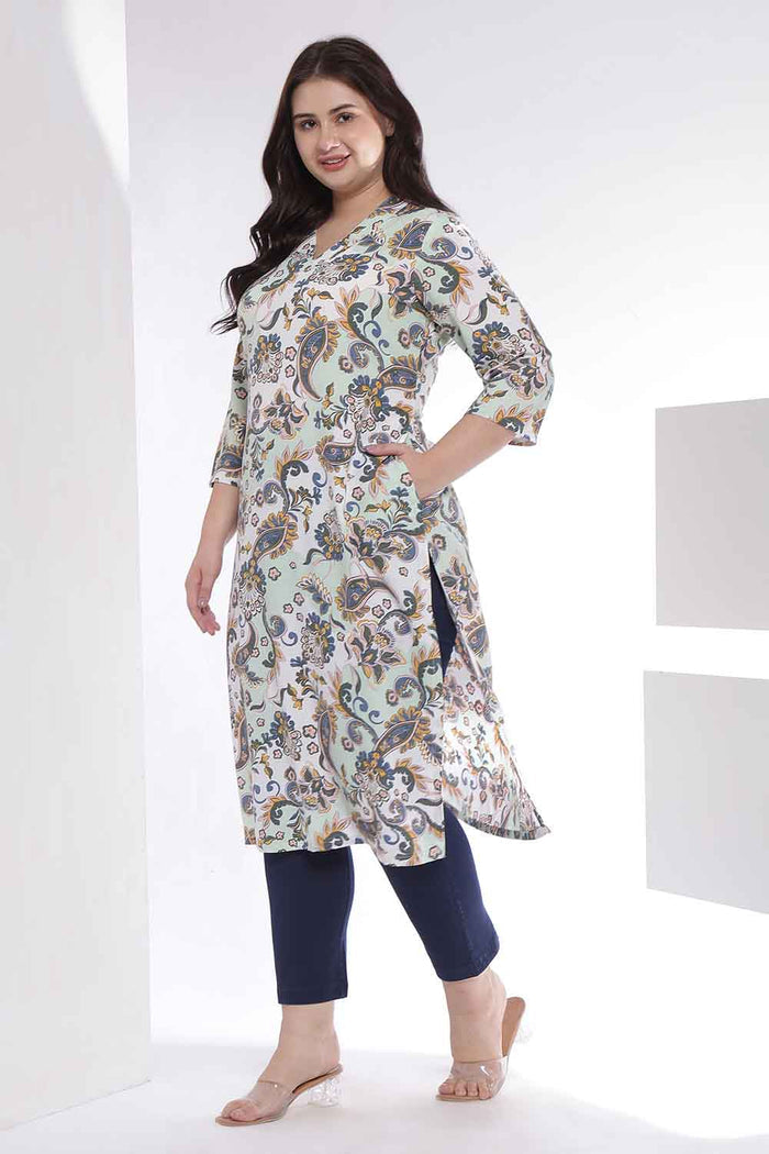 Plus Size Green Paisley Print Cotton V Neck Kurta