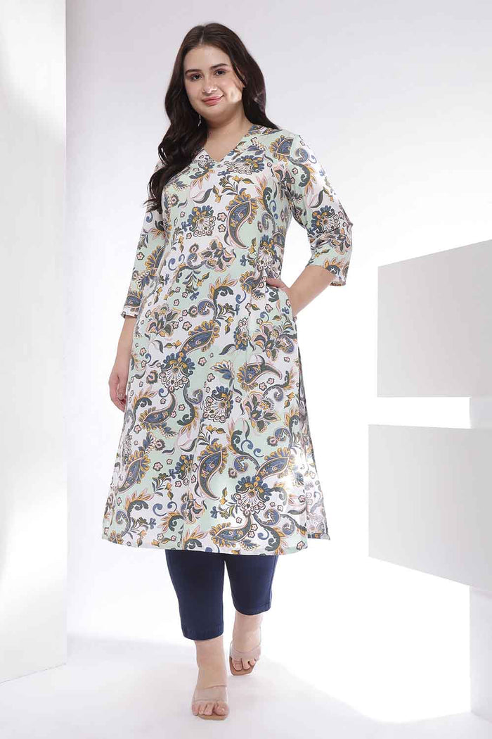 Plus Size Green Paisley Print Cotton V Neck Kurta