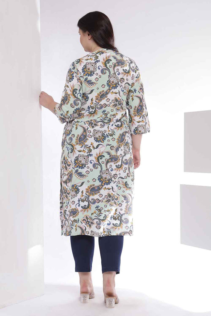 Plus Size Green Paisley Print Cotton V Neck Kurta